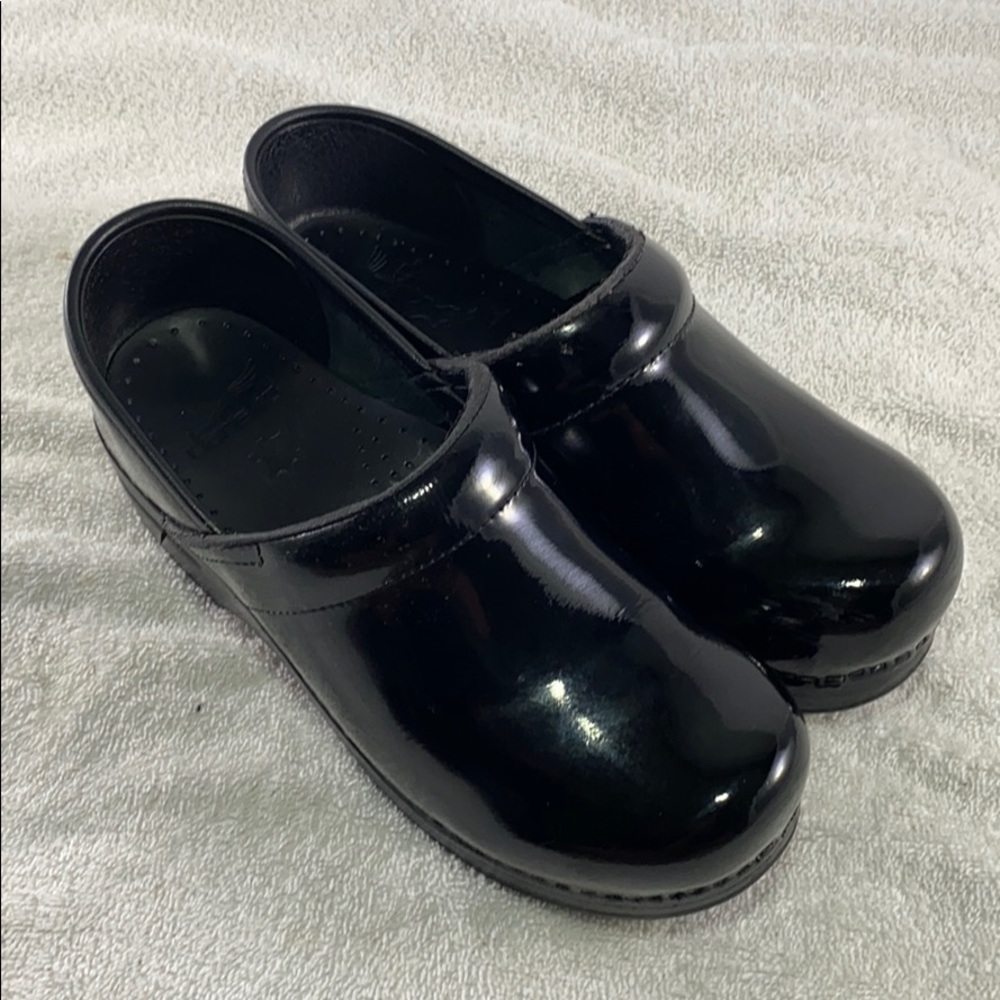 Dansko Black Patent Slip On Comfort Clog Shoe
